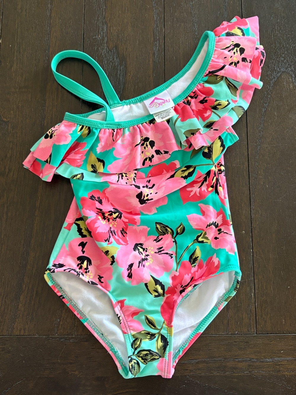 One-Shoulder Floral Girls' Swim One-Piece in Pink & Teal